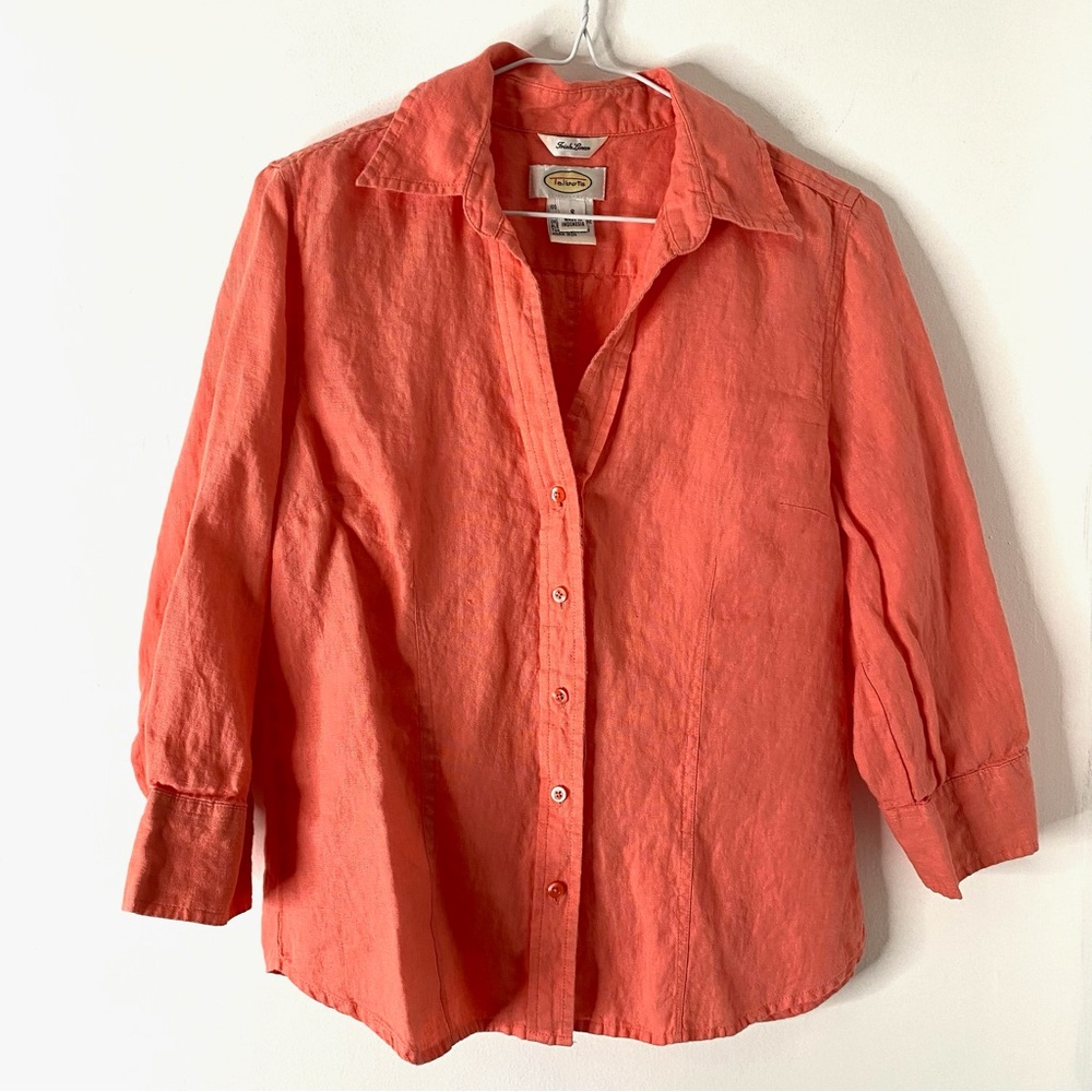 Talbots Irish Linen Coral Orange Button Front Top 100% Linen Cropped Sleeve